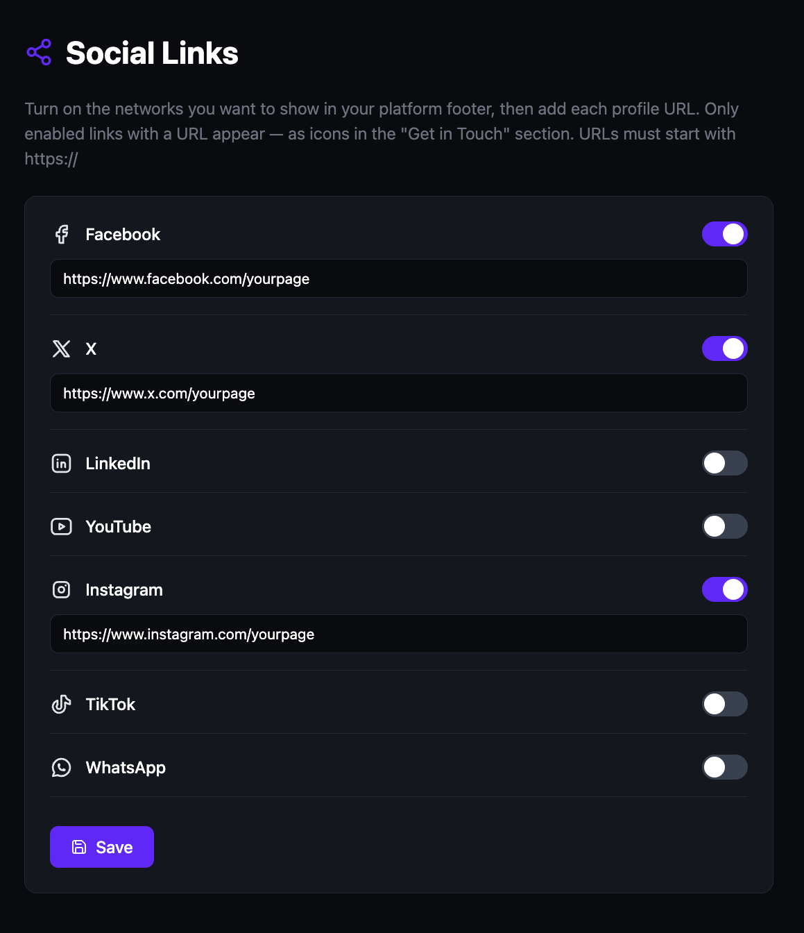 The Social Links admin panel with Facebook, X, and Instagram toggled on and profile URLs entered, and LinkedIn, YouTube, TikTok, and WhatsApp toggled off