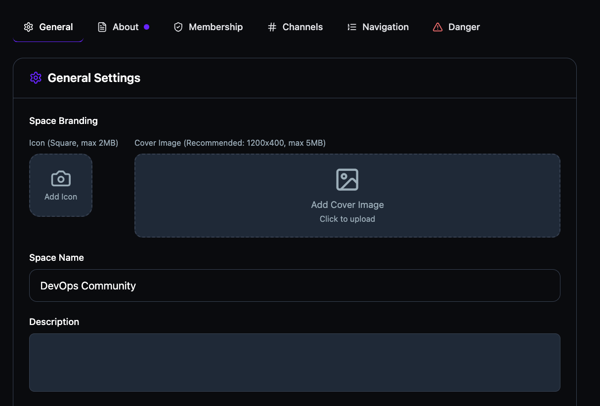 The General Settings tab showing Space Branding with icon and cover image upload areas, Space Name set to DevOps Community, and a Description field