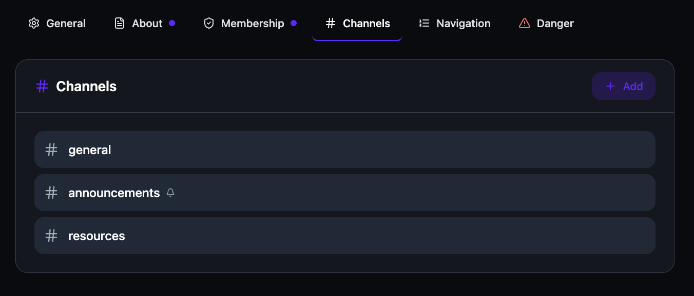 The Channels settings tab showing three default channels — general, announcements with a notification bell, and resources — with a plus Add button