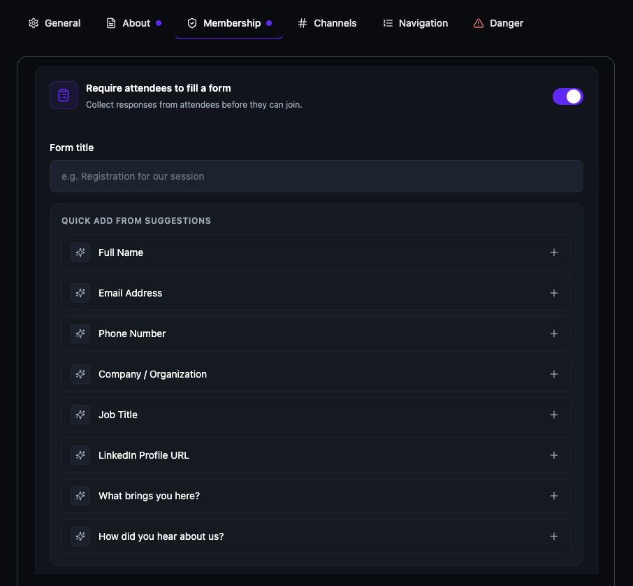 The join form builder with the toggle enabled, a Form title field, and eight Quick Add From Suggestions fields including Full Name, Email, Phone, Company, Job Title, LinkedIn, What brings you here, and How did you hear about us