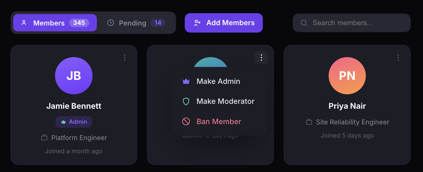 The Members view showing 345 members, 14 pending, Add Members button, search bar, and member cards with a role menu offering Make Admin, Make Moderator, and Ban Member