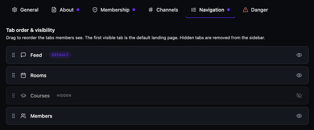The Navigation tab showing Tab order and visibility with Feed marked DEFAULT, Rooms visible, Courses marked HIDDEN, and Members visible — each with a drag handle and eye toggle