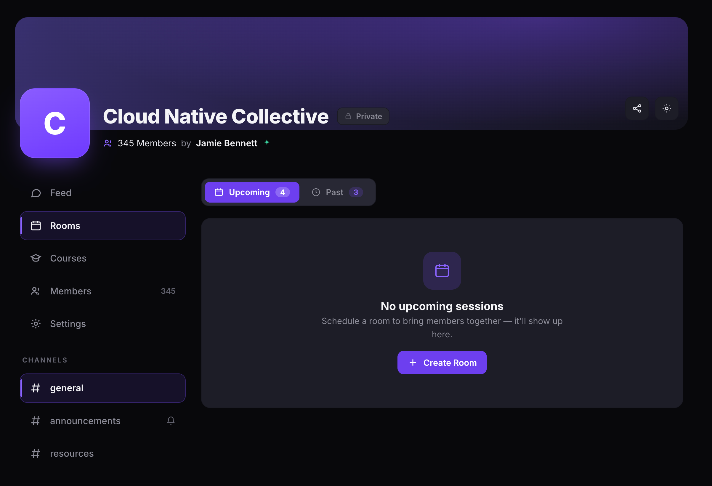 The Cloud Native Collective community page showing the Rooms tab with Upcoming and Past counts, a Create Room button, and the sidebar with Feed, Rooms, Courses, Members, Settings, and three topic channels