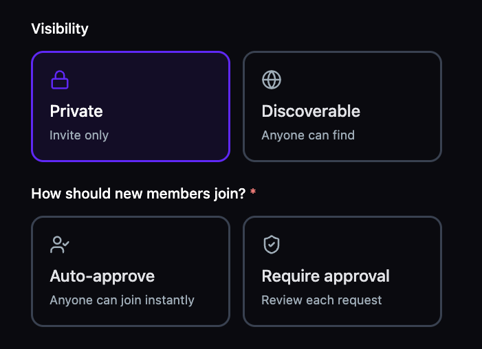 The Create Space dialog showing Visibility set to Private with Auto-approve and Require approval join options