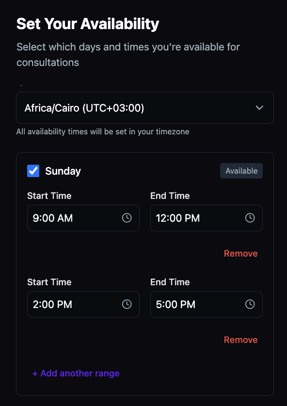 The Availability Settings section showing Monday, Tuesday, and Thursday with configured time ranges like 09:00–12:00 and 14:00–17:00, and an Edit Availability button