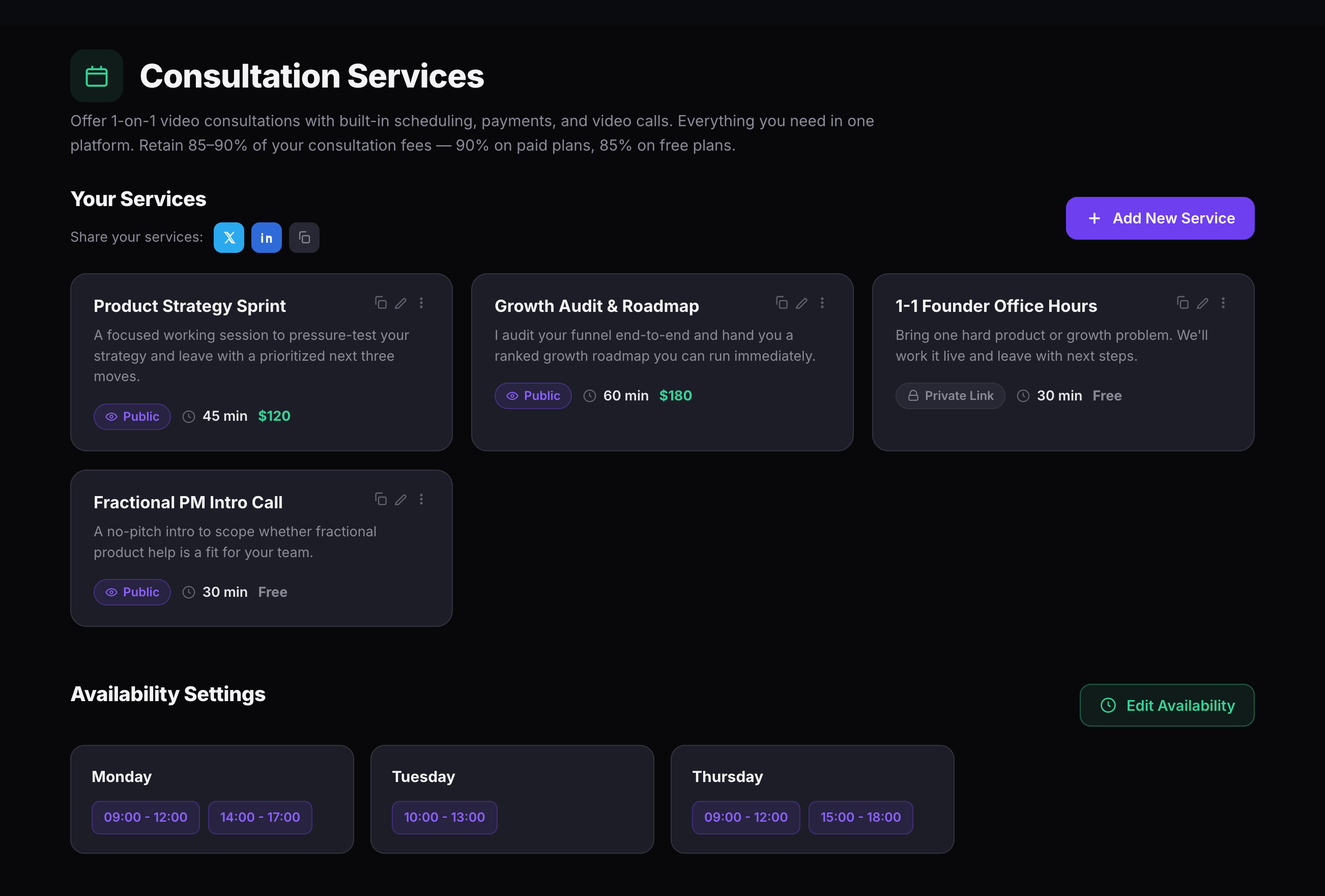 The Consultation Services dashboard showing four service cards — Product Strategy Sprint, Growth Audit and Roadmap, 1-1 Founder Office Hours, and Fractional PM Intro Call — with share buttons and weekly availability settings below