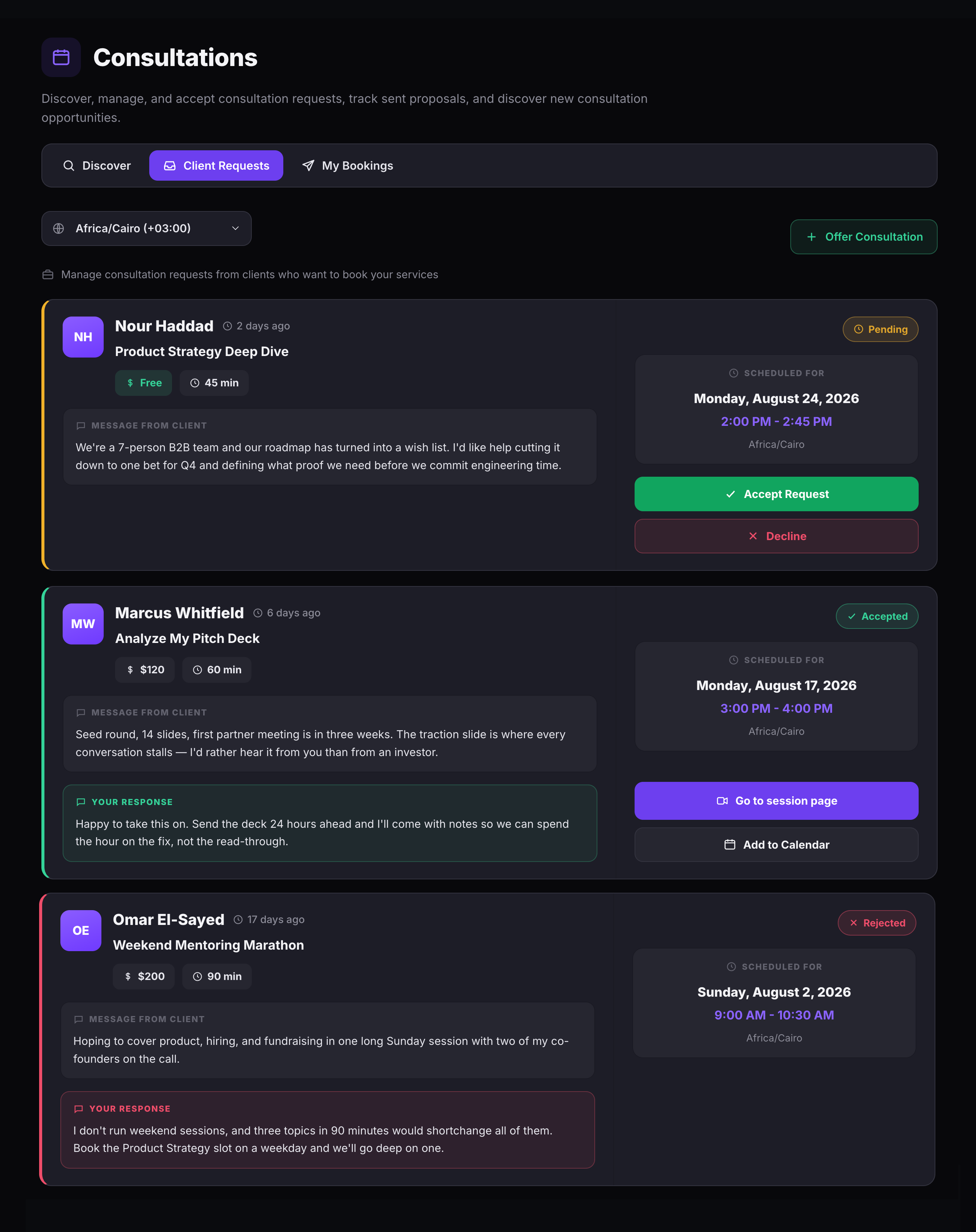 The Client Requests tab showing three consultation requests: one Pending with Accept and Decline buttons, one Accepted with Go to session page and Add to Calendar, and one Rejected with the expert's response