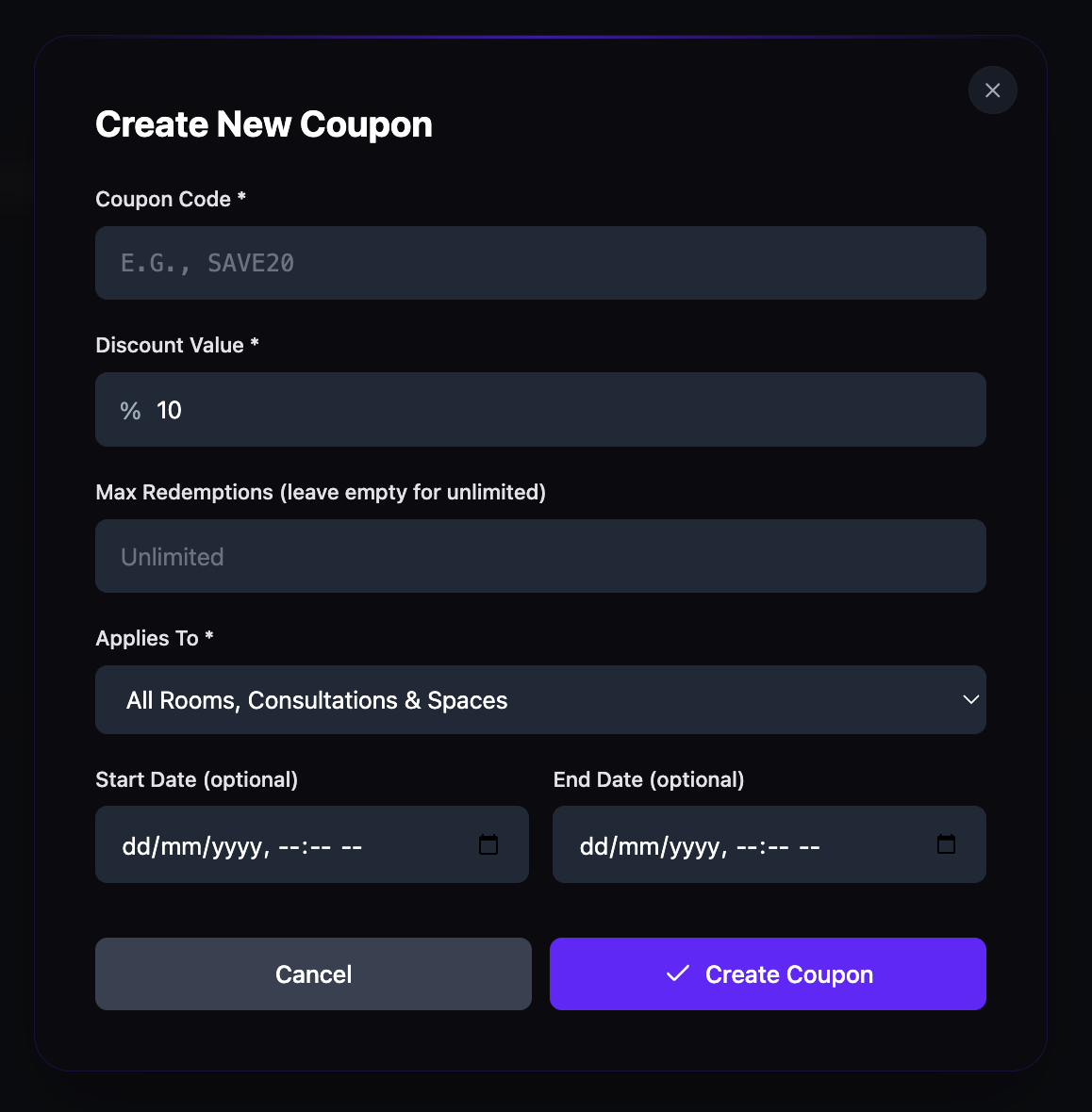 The Create New Coupon dialog with fields for Coupon Code, Discount Value, Max Redemptions, Applies To, Start Date, and End Date