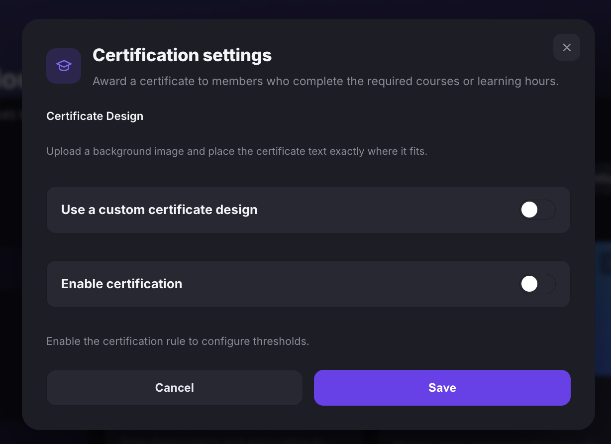 The Certification settings dialog with a Use a custom certificate design toggle and an Enable certification toggle, both off, above Cancel and Save actions