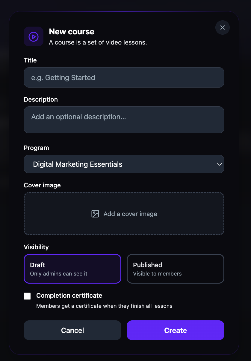 The New course dialog showing Title, Description, Program dropdown, Cover image upload, Visibility options, and Completion certificate checkbox