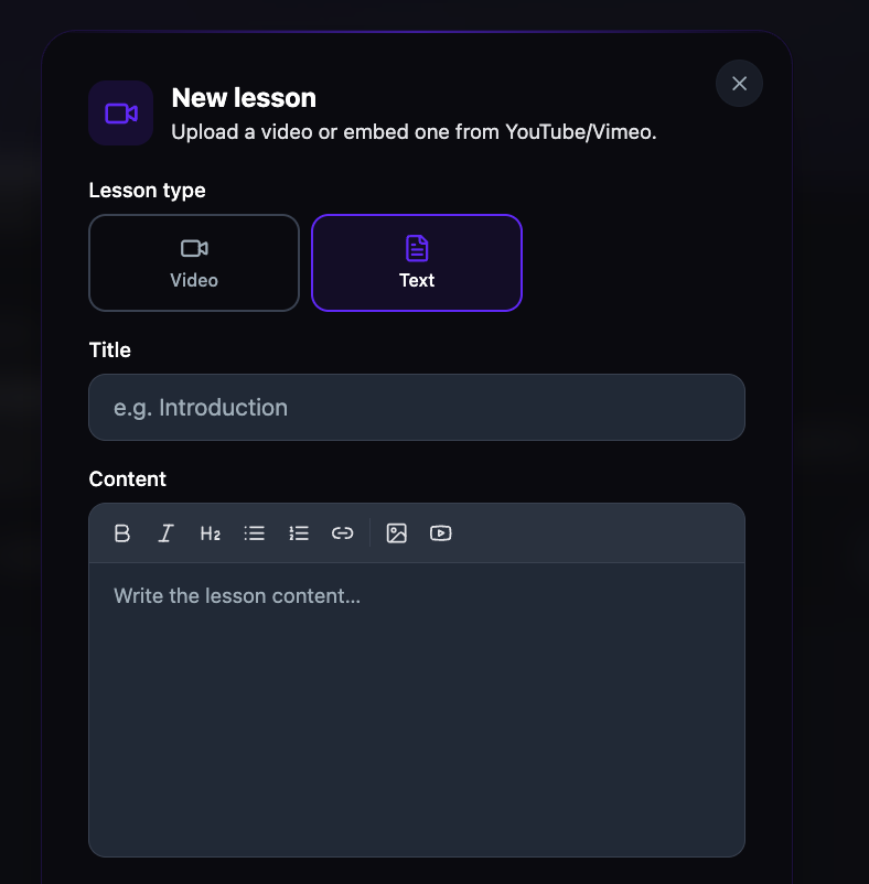 The New lesson dialog with Text type selected, showing a Title field and a rich text editor with a formatting toolbar for bold, italic, headings, lists, links, images, and video embed