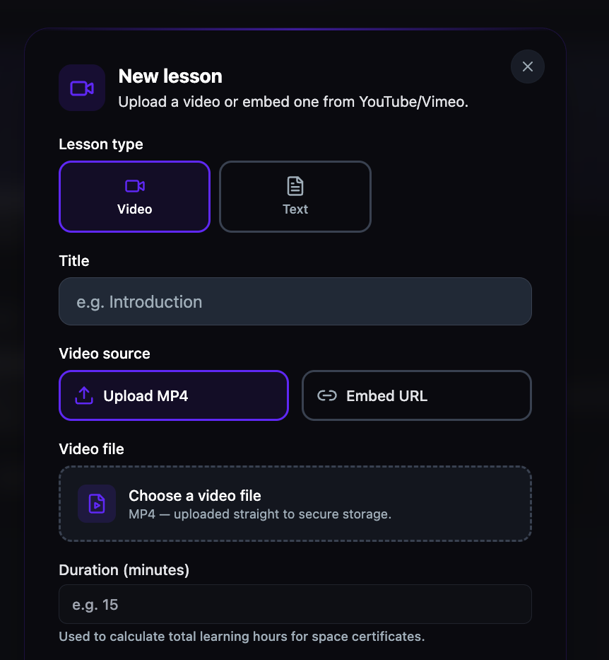 The New lesson dialog with Video type selected and Upload MP4 chosen, showing a video file upload area and a Duration field