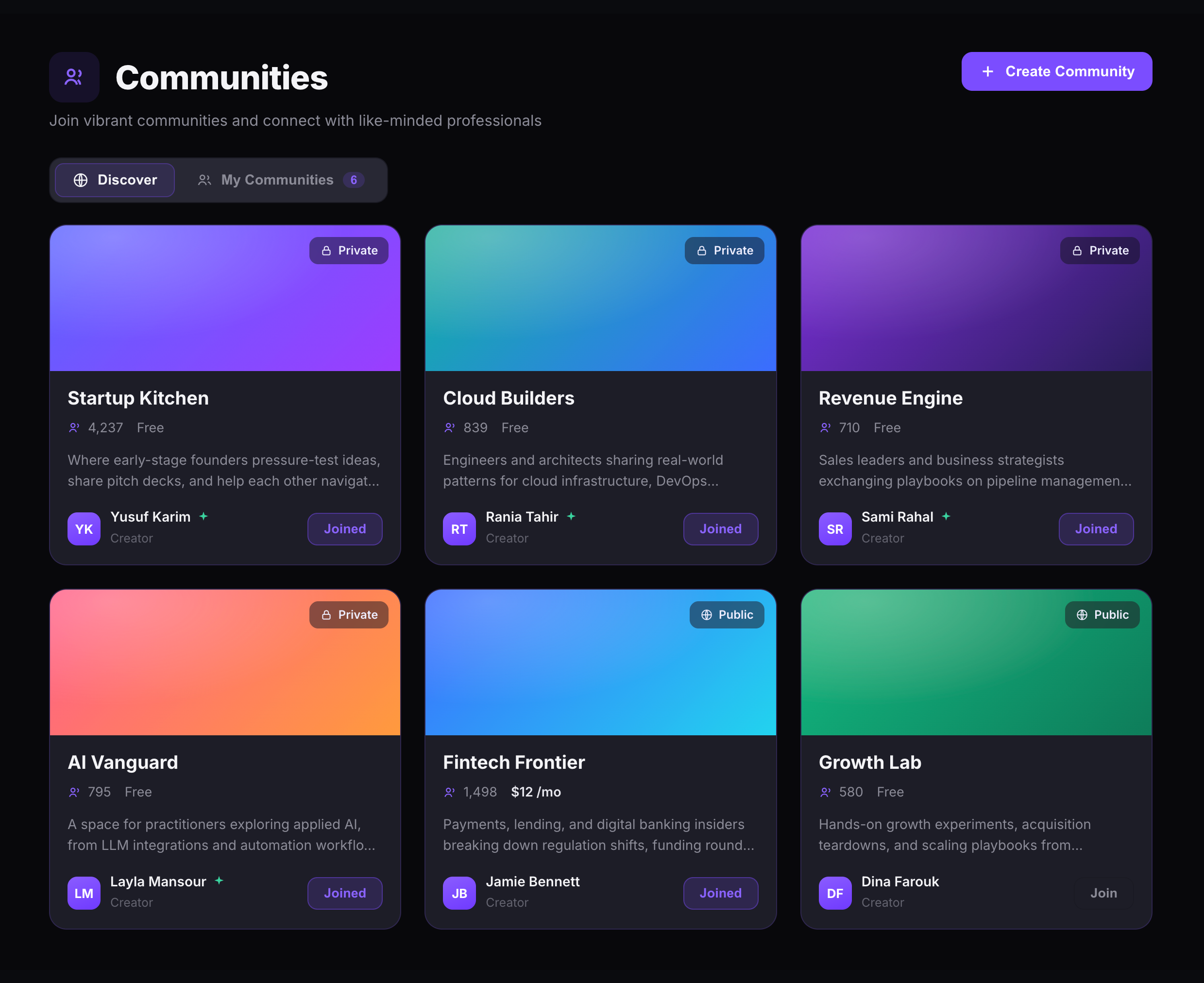 A BrainsMingle community space — discussion channels, a member list, and an activity feed.