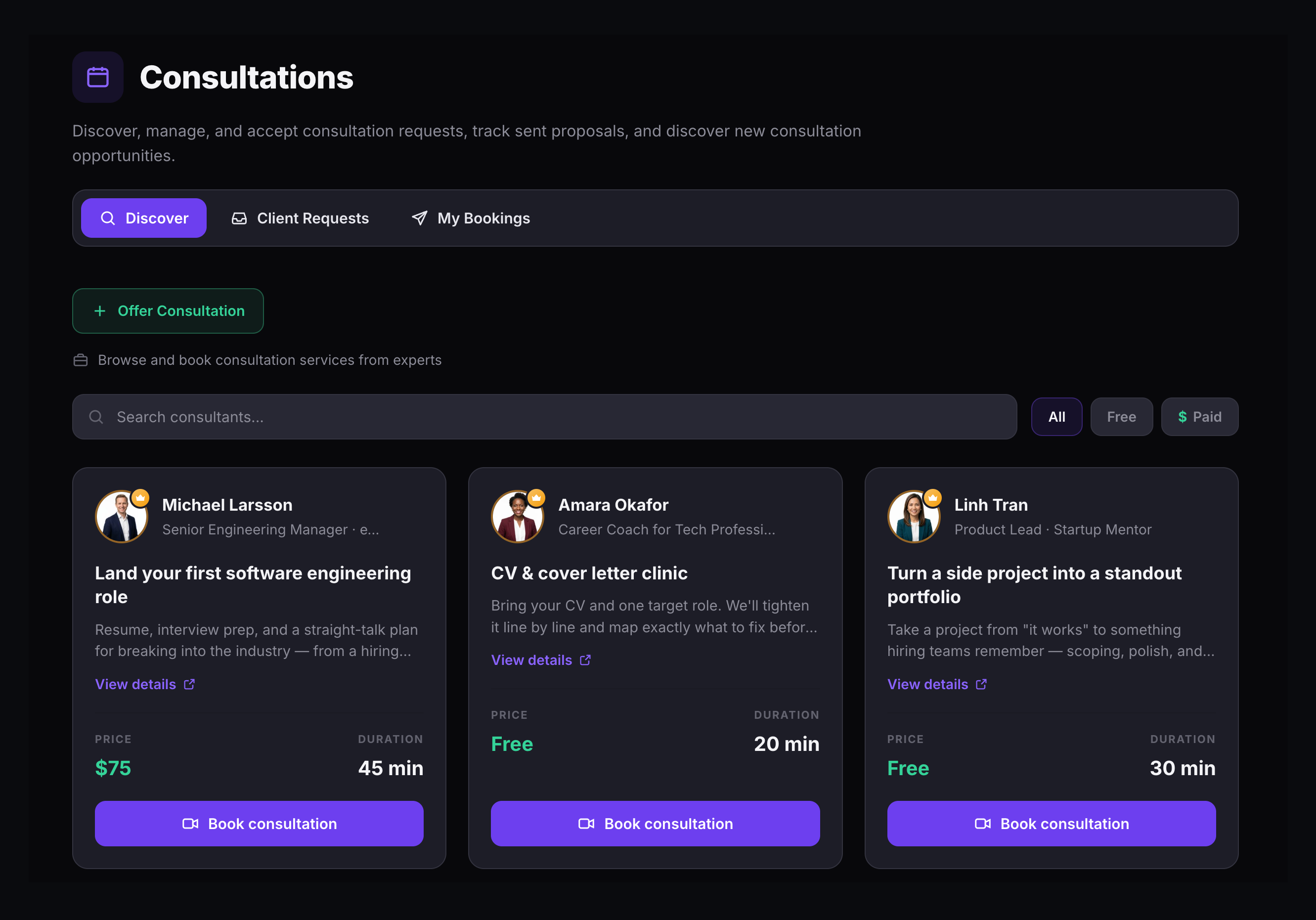 The BrainsMingle consultation view — an expert's availability calendar with a client booking and payment panel.