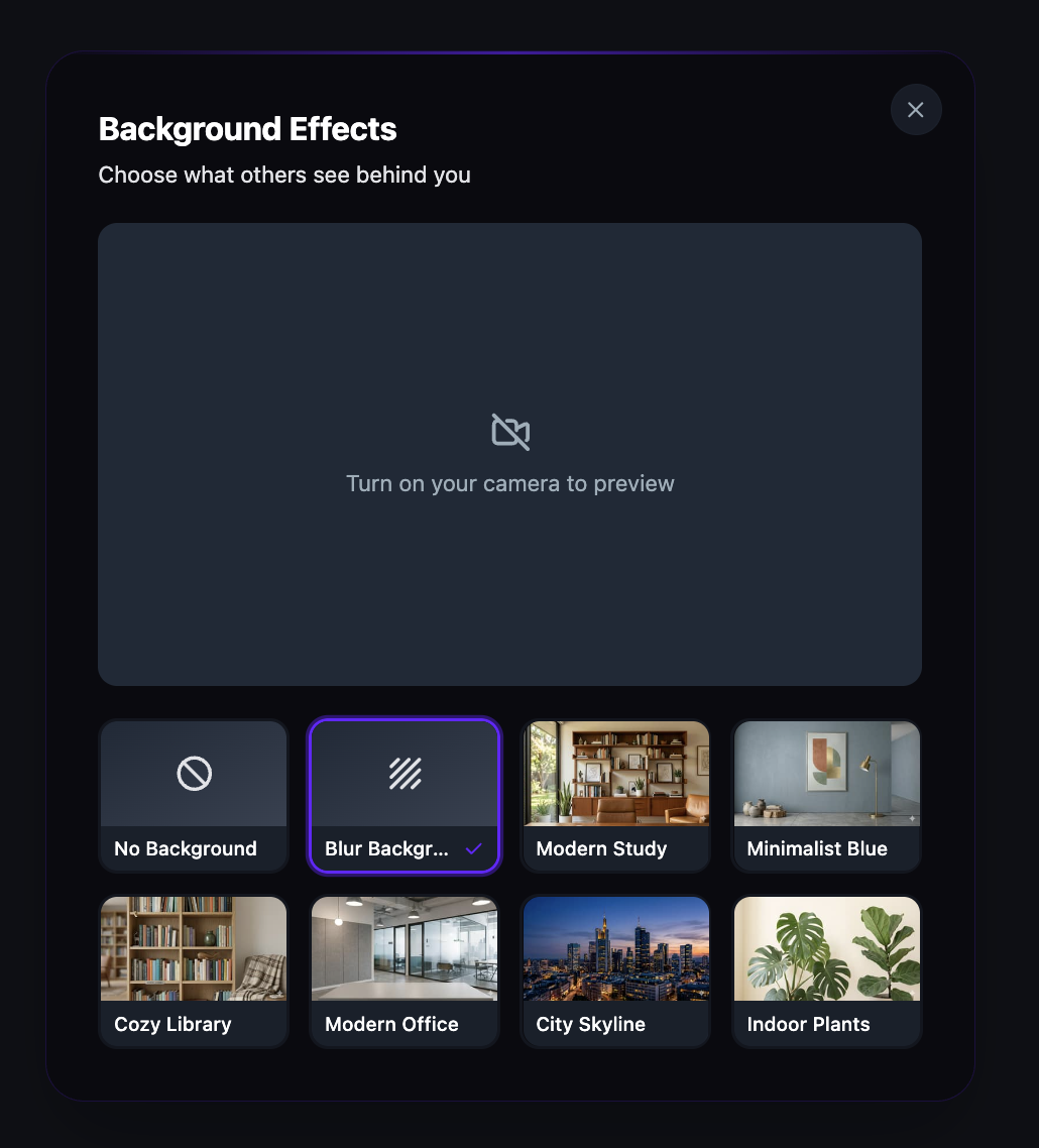 The Background Effects panel with Blur Background selected and six virtual background options