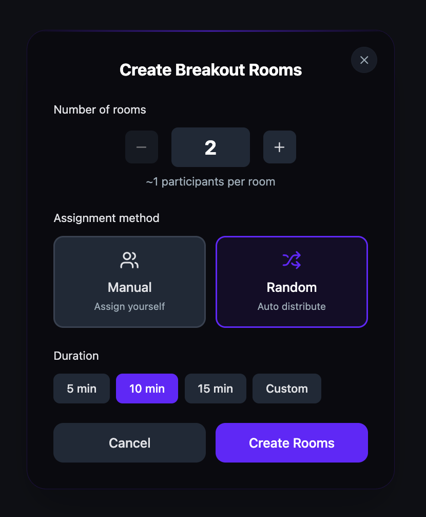 The Create Breakout Rooms dialog with room count, assignment method, and duration options