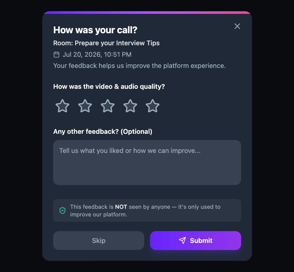 The post-call feedback dialog with star rating and optional text feedback