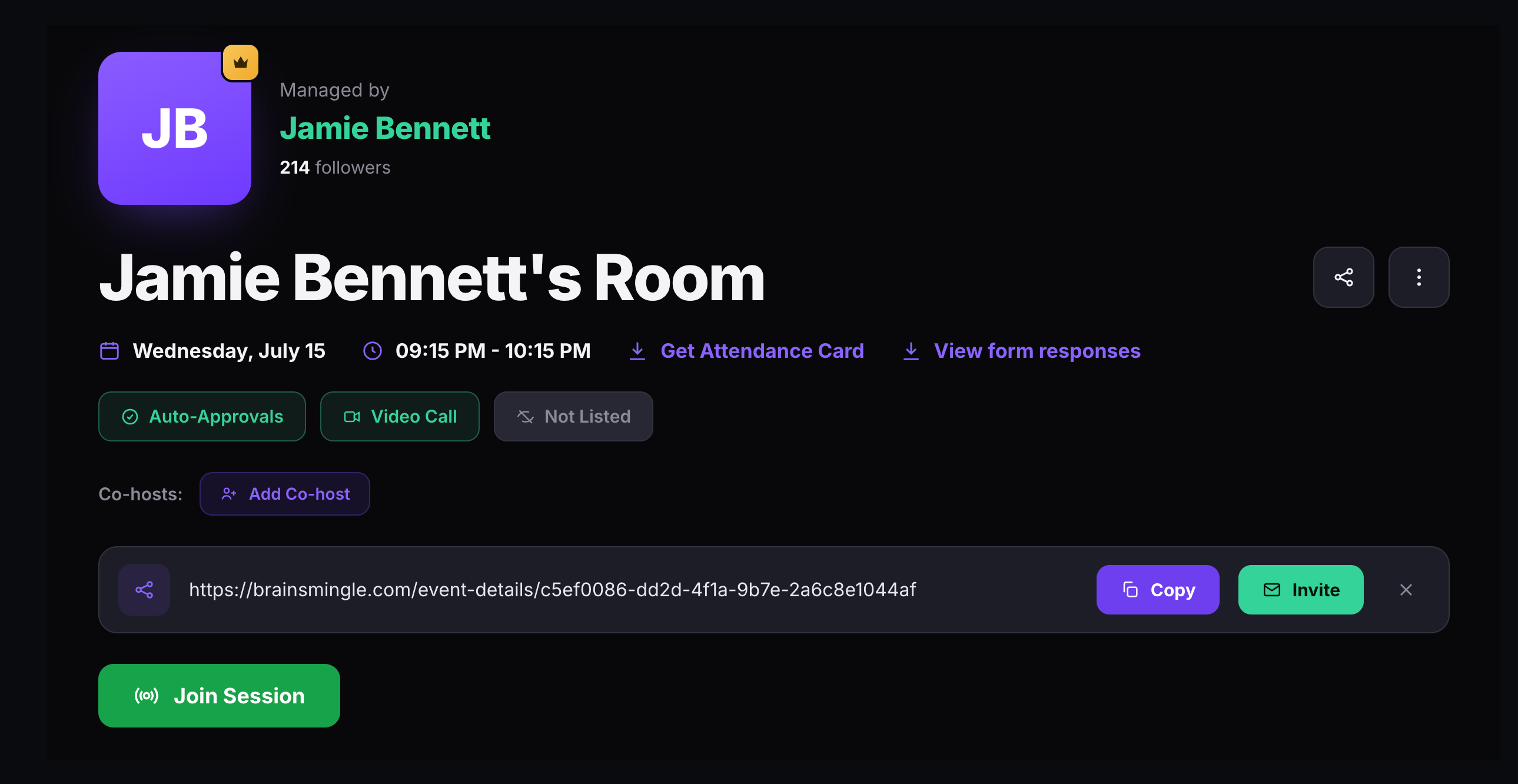 The instant call room page with share bar showing Copy and Invite buttons