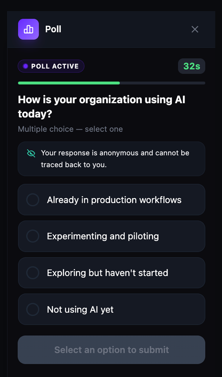The Polls panel showing question field, answer options, timing, anonymity, and results settings