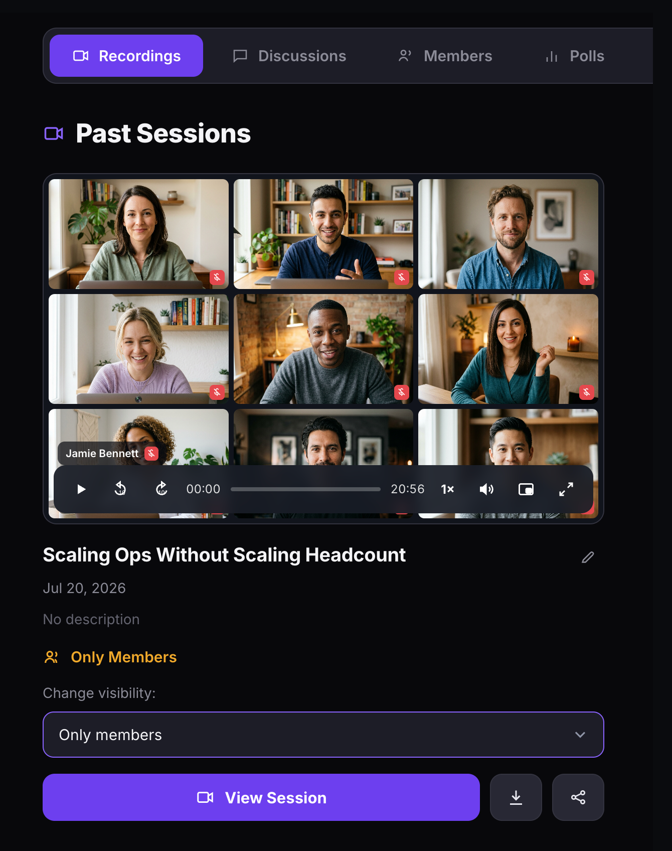 Three recording visibility options: Only Members, Only me, and Public