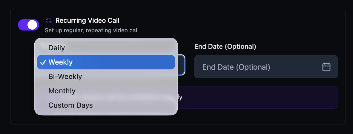 The Repeats dropdown showing Daily, Weekly, Bi-Weekly, Monthly, and Custom Days options
