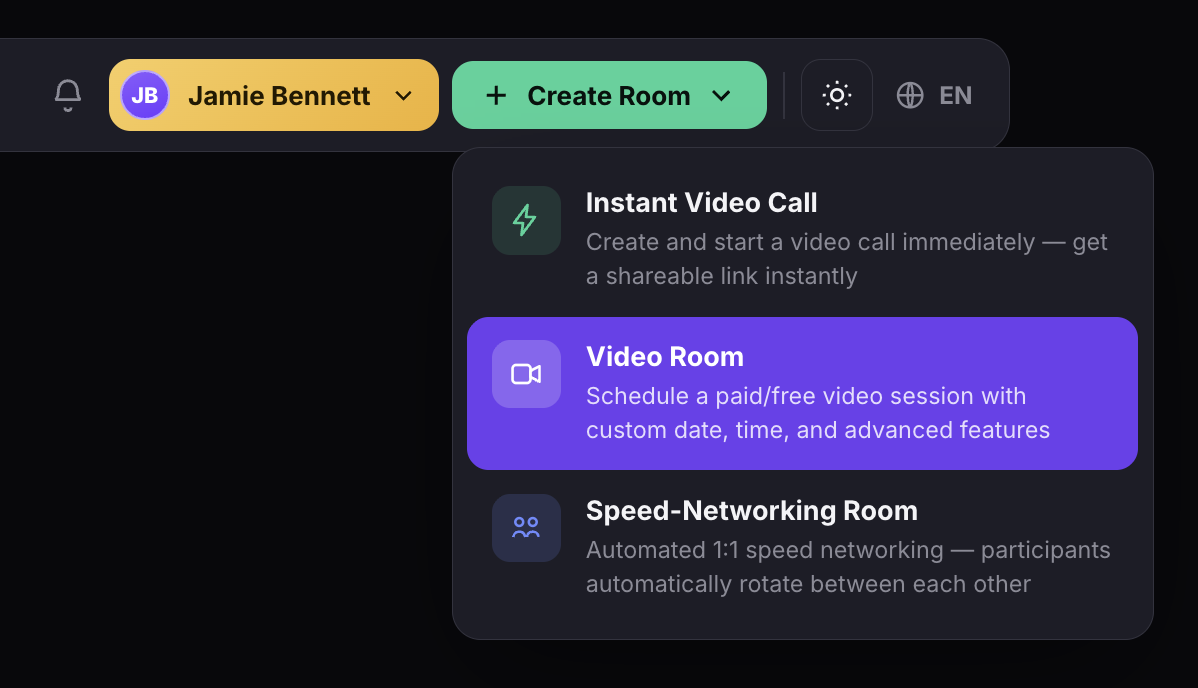 The Create Room dropdown showing Instant Video Call, Video Room, and Speed-Networking Room options
