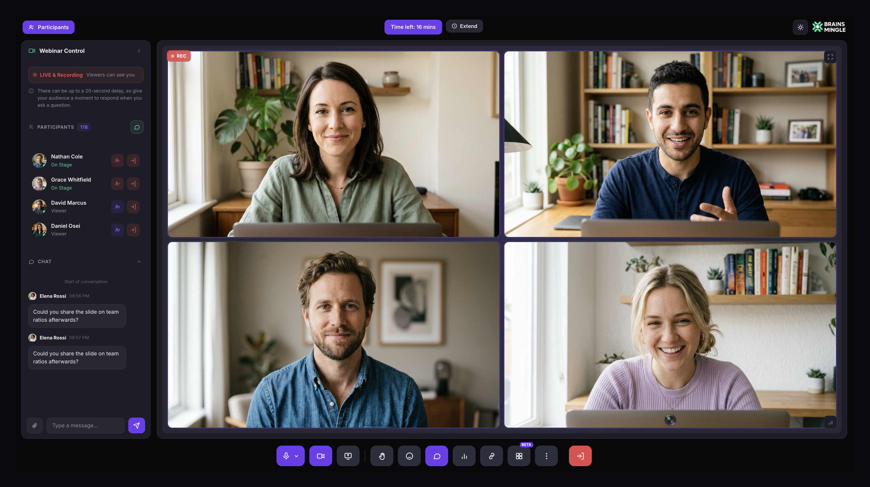 Webinar Control panel showing LIVE and Recording status with chat controls