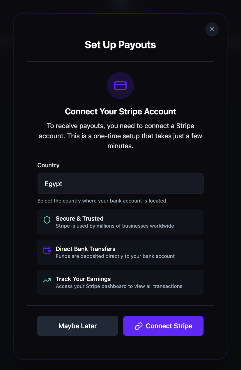 The Set Up Payouts modal for connecting a Stripe account, with a country selector set to Egypt, notes on secure transfers and direct bank deposits, and Maybe Later and Connect Stripe buttons