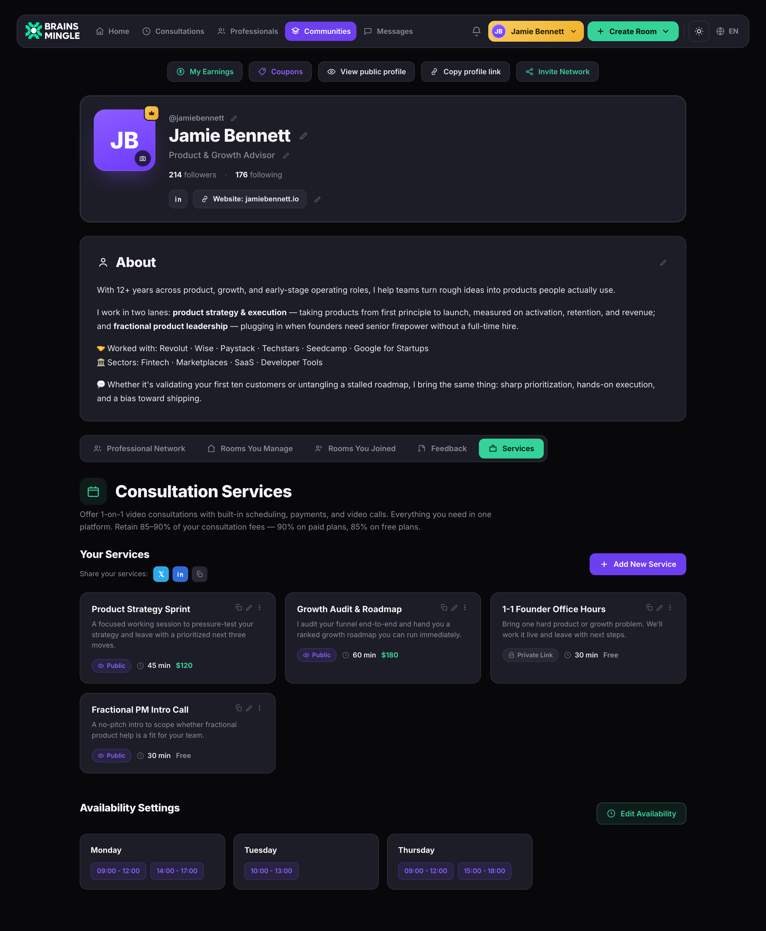 An expert's profile page with the Services tab active, showing four consultation service cards with prices and durations, social share buttons, and weekly availability settings below