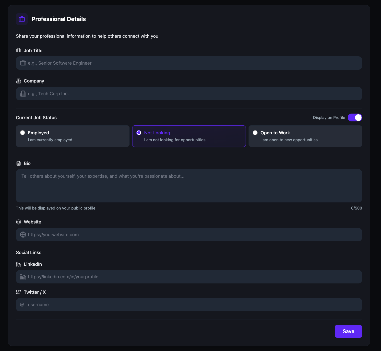 The Professional Details section showing Job Title, Company, a Current Job Status choice of Employed, Not Looking, or Open to Work with a Display on Profile toggle, a Bio field, Website, and social links for LinkedIn and Twitter/X
