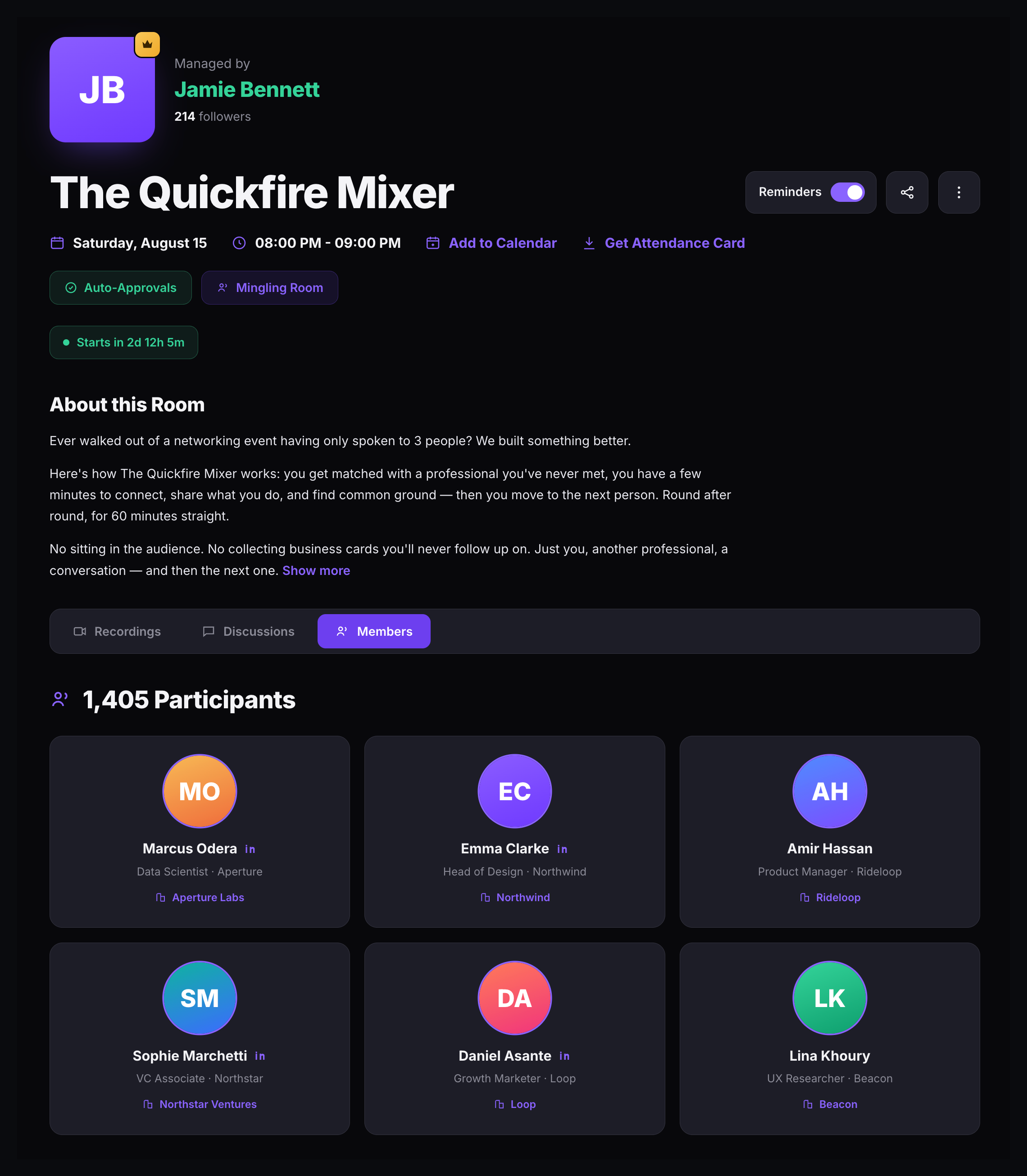 The room detail page for The Quickfire Mixer showing the title, host, date and time, Add to Calendar and Get Attendance Card actions, a Reminders toggle, event tags, a start countdown, and tabs for Recordings, Discussions, and Members above the participant list