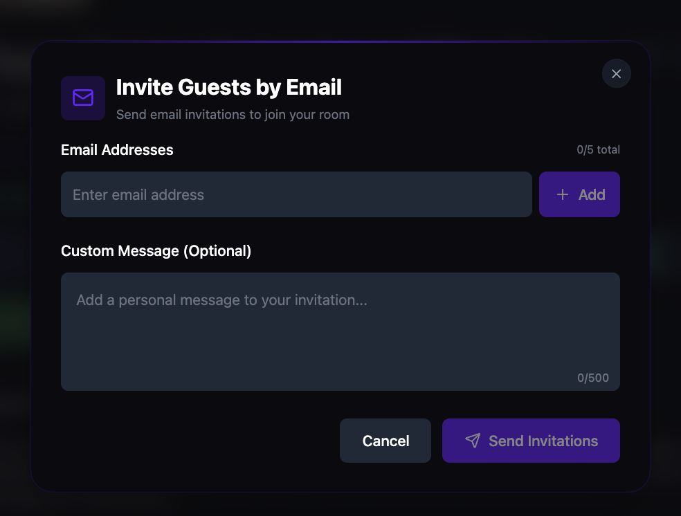 The Invite Guests by Email dialog with an email address field showing 0 of 5 total, an optional custom message field, and a Send Invitations button