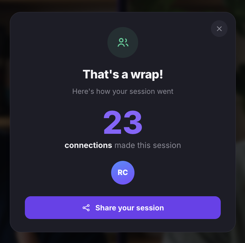 The end-of-session summary card showing That's a wrap!, 23 connections made this session, a participant avatar, and a Share your session button