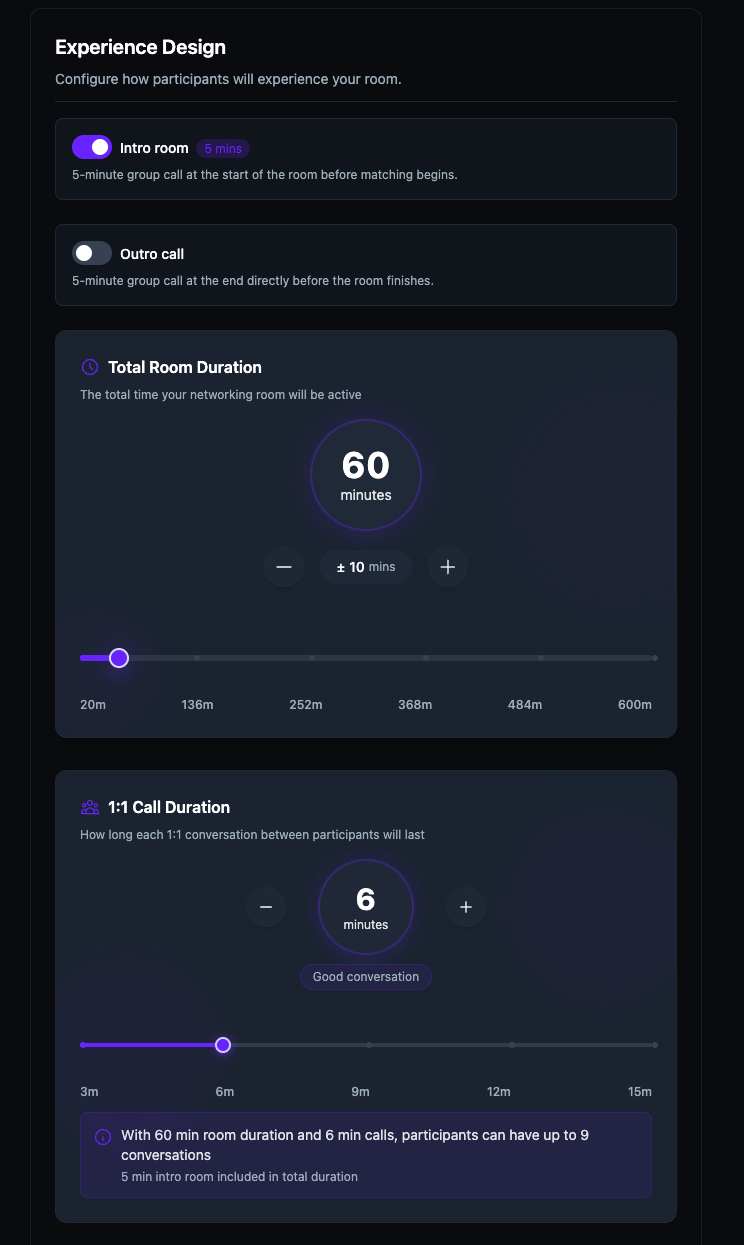 The Experience Design step showing Intro room enabled at 5 mins, Total Room Duration set to 60 minutes with a slider, and 1:1 Call Duration set to 6 minutes with a label reading Good conversation and a note showing up to 9 conversations