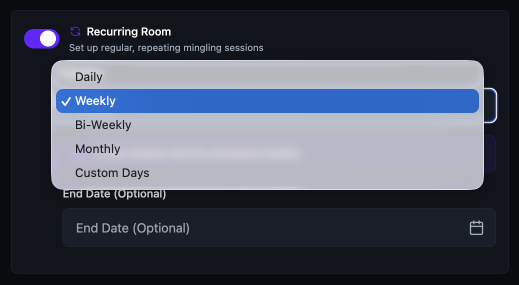 The Recurring Room toggle enabled with a Repeats dropdown showing Daily, Weekly selected, Bi-Weekly, Monthly, and Custom Days, plus an optional End Date field