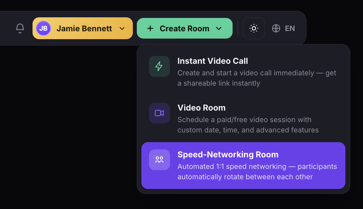 The Create Room dropdown showing three options: Instant Video Call, Video Room, and Speed-Networking Room highlighted in purple