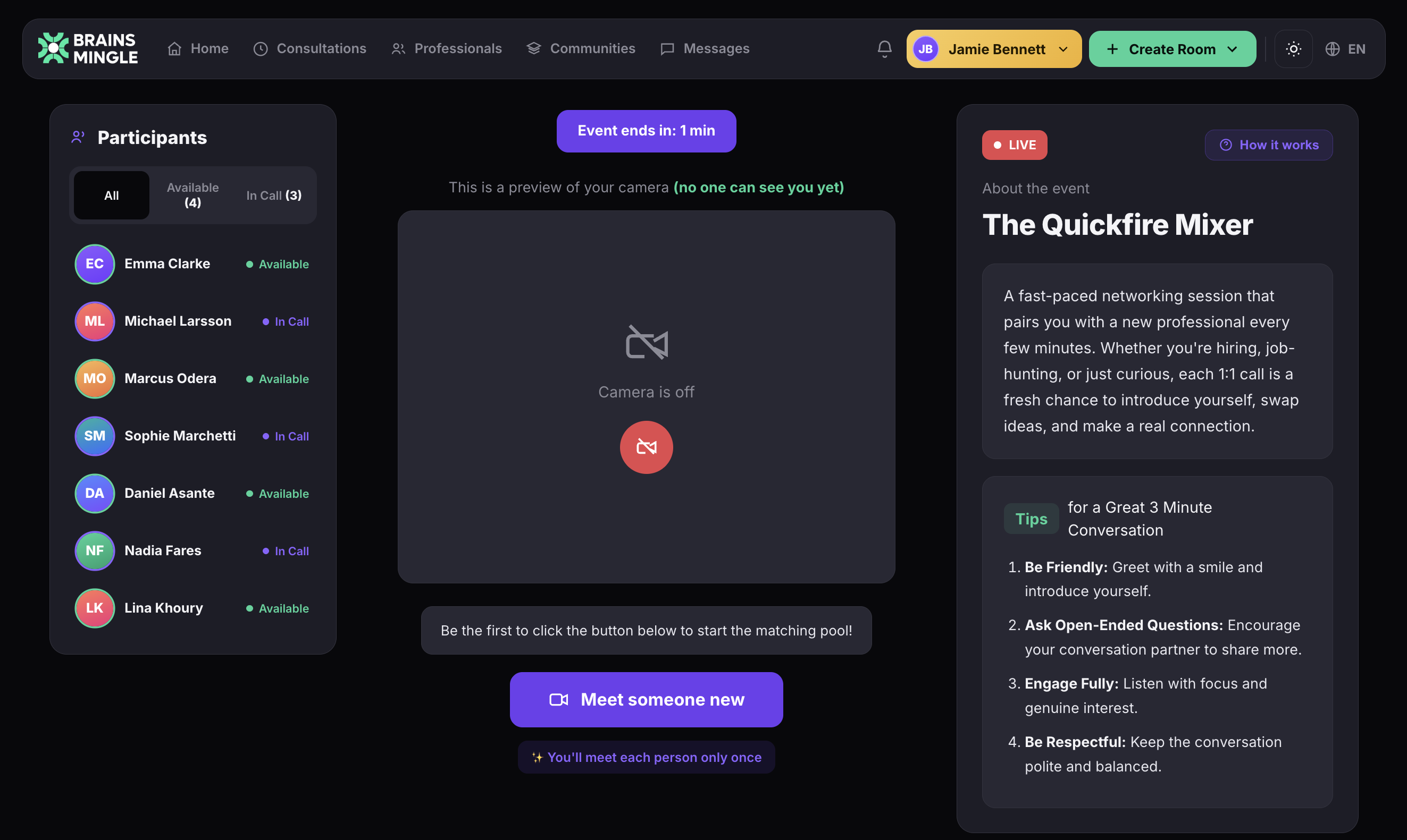 The speed networking lobby showing a Participants sidebar with Available and In Call statuses, a camera preview, a Meet someone new button, and an event info panel with conversation tips