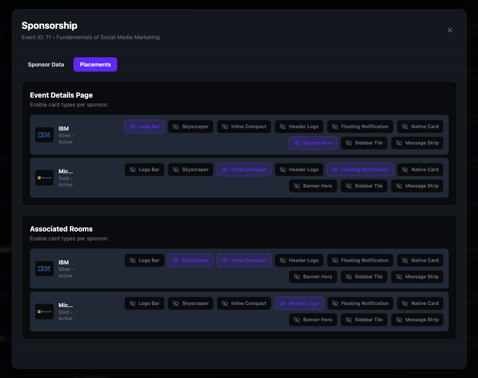 The Placements tab showing the Event Details Page and Associated Rooms sections, with IBM and Microsoft listed as sponsors and various placement types toggled on in purple