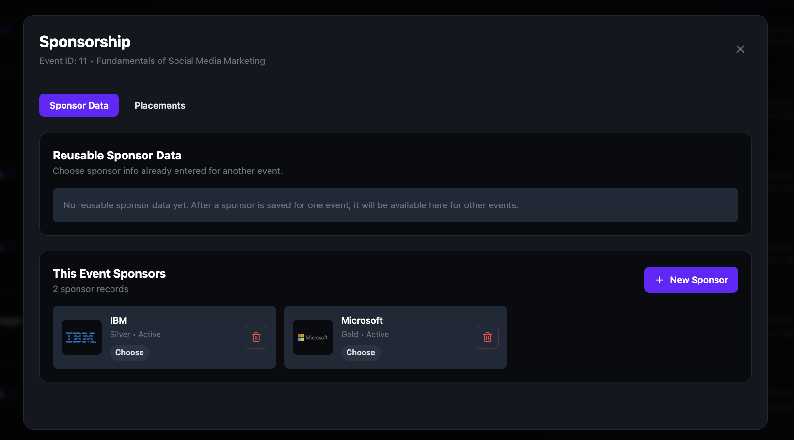 The Sponsorship dialog showing two sponsor records under This Event Sponsors: IBM as Silver and Active, and Microsoft as Gold and Active, each with a Choose button and delete icon, above a New Sponsor action